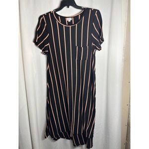 LuLaRoe Amelia Dress Black‎ Peach Stripe Short Sleeve Midi Size L